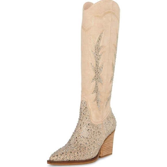 ⭐ NWT ⭐ Madden NYC Glitter Cowgirl Boots 9 Medium Beige/Crystal - Picture 7 of 12